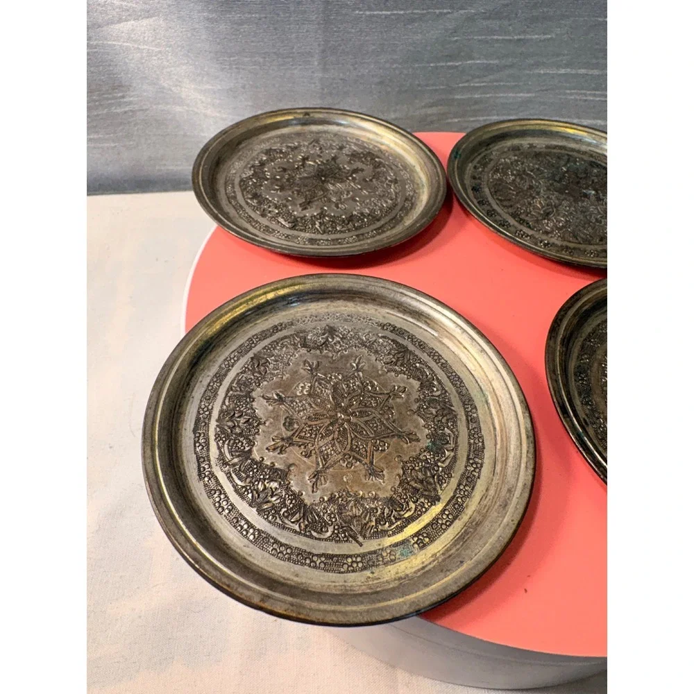 Vintage Etched Metal Coasters Trinket Dishes Set of 4 Floral Mandala Patina